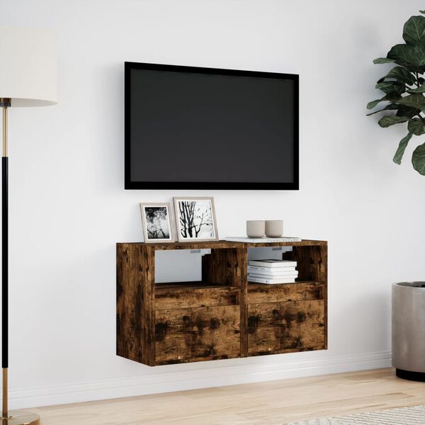 vidaXL TV Wall Cabinets with LED Lights 2 pcs Smoked Oak 41x31x45 cm