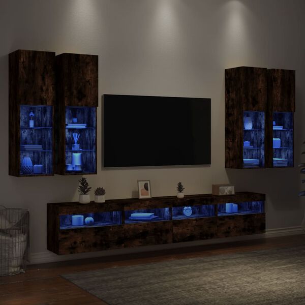 vidaXL 7 Piece TV Wall Cabinet Set with LED Lights Smoked Oak