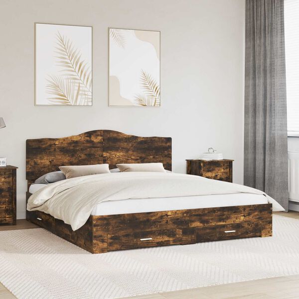 vidaXL Bed Frame with Drawer Smoked Oak 200 x 200 cm Engineered Wood