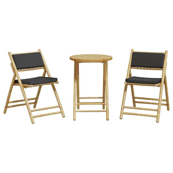 vidaXL 3 Piece Folding Bistro set with Dark Grey Cushions Bamboo