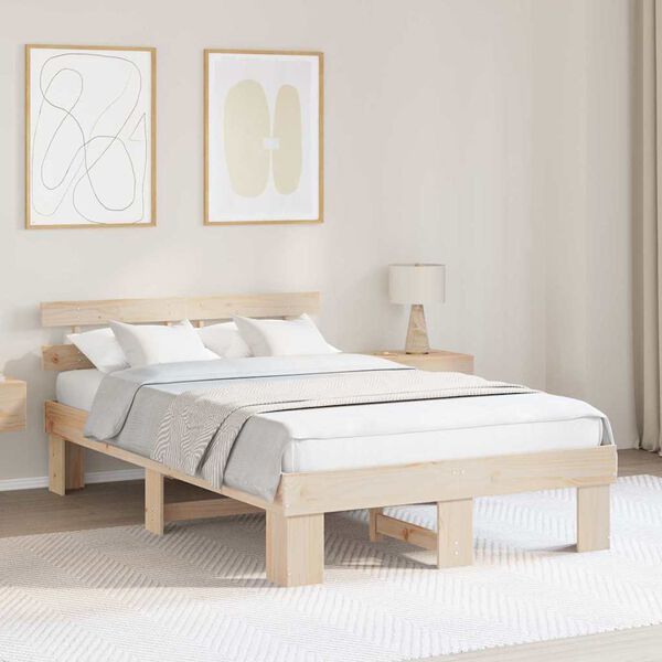 vidaXL Bed Frame with Headboard Natural 140 x 190 cm Solid Pine Wood