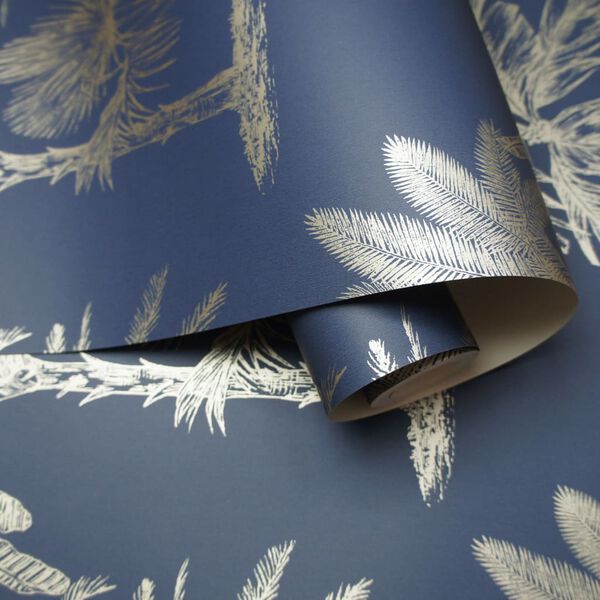 DUTCH WALLCOVERINGS Wallpaper Tropical Trees Navy Blue and Silver