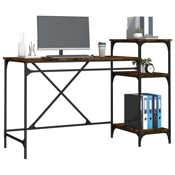 vidaXL Desk with Shelves Smoked Oak 135x50x90 cm Engineered Wood&Iron