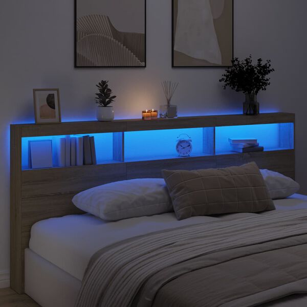 vidaXL Headboard Cabinet with LED Sonoma Oak 220x17x102 cm