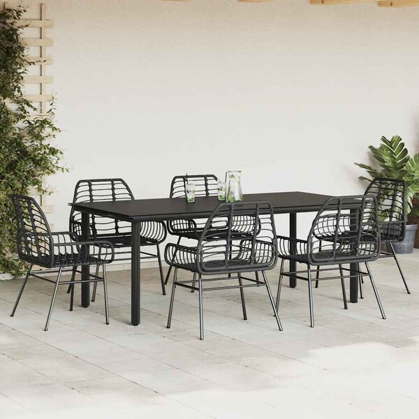 vidaXL 7 Piece Garden Dining Set Black Poly Rattan Glass