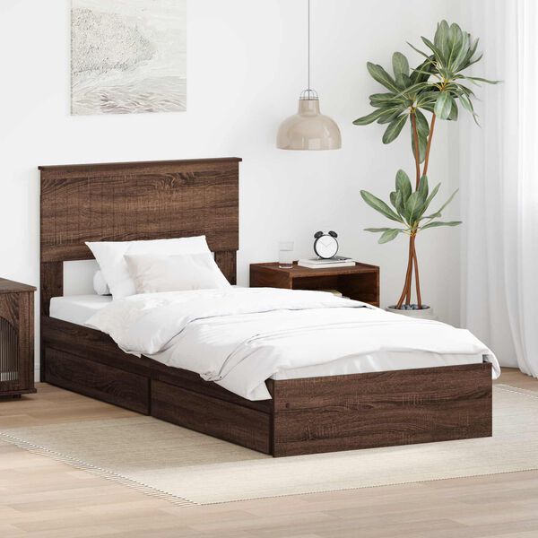 vidaXL Storage Bed with Drawer Brown Oak 90 x 200 cm Engineered Wood