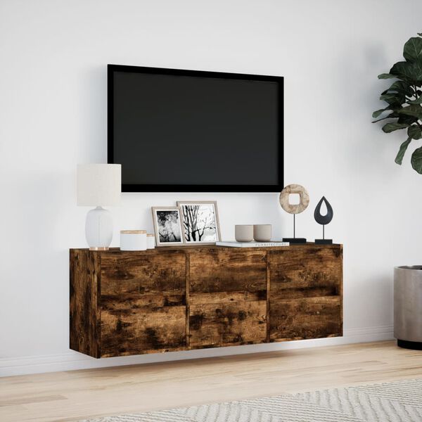 vidaXL TV Wall Cabinet with LED Lights Smoked Oak 130x31x45 cm
