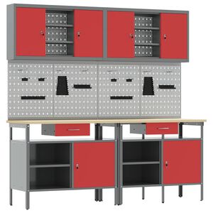 vidaXL Work Bench Set with Lock 8 pcs Red and Grey Powder-Coated Steel