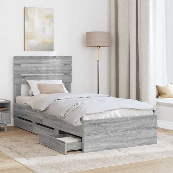 vidaXL Bed Frame with Drawer Grey Sonoma 90 x 200 cm Engineer Wood