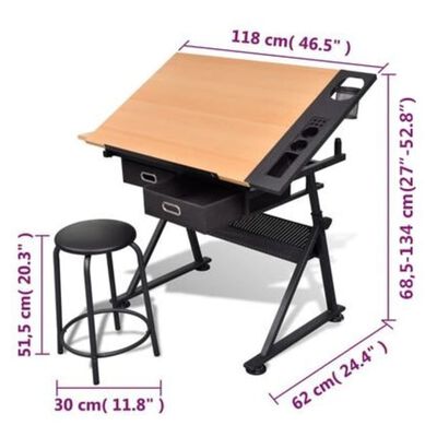 Two Drawers Tiltable Tabletop Drawing Table with Stool