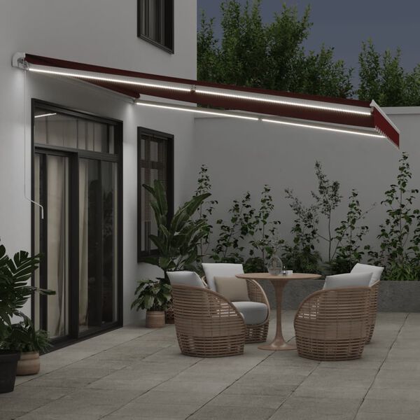 vidaXL Manual Retractable Awning with LED Burgundy 400x350 cm