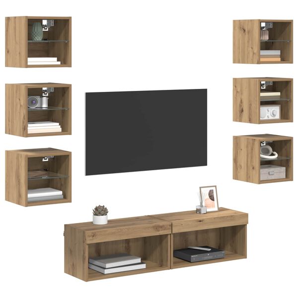vidaXL TV Cabinet with LED Strip Lights 8 pcs Artisan Oak Glass