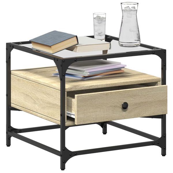 vidaXL Coffee Table with Glass Top Sonoma Oak 50x50x45 cm Steel
