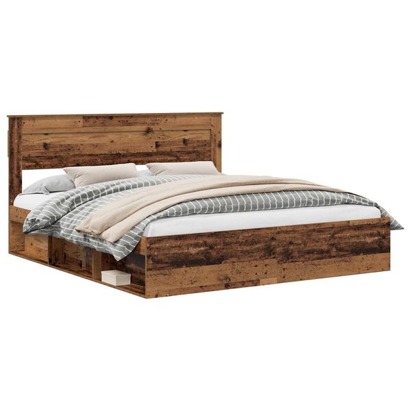 vidaXL Bed Frame with Headboard Old Wood 200 x 200 cm Solid Pine Wood