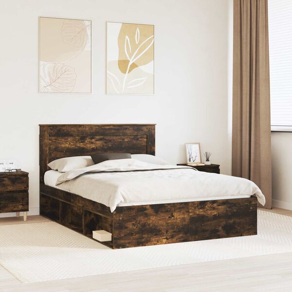 vidaXL Bed Frame Smoked Oak 140 x 190 cm Solid Pine Wood