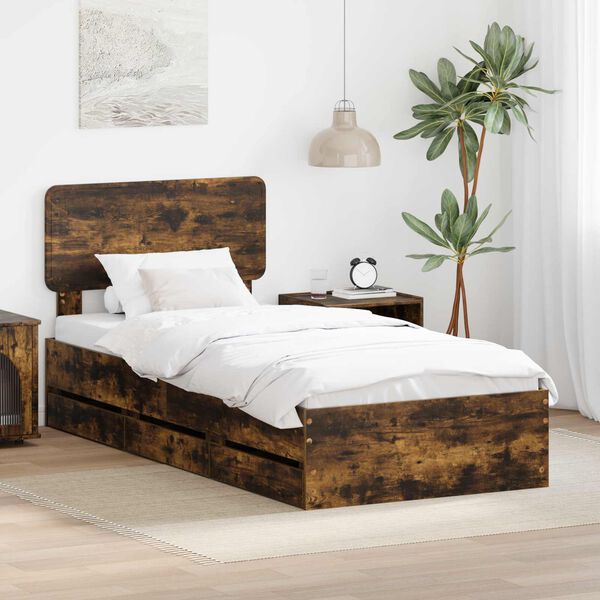 vidaXL Bed Frame with Drawer Smoked Oak 75 x 190 cm Engineer Wood