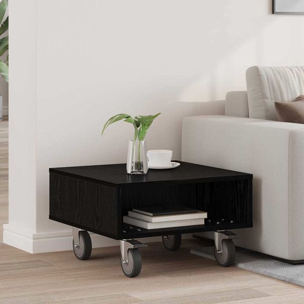 vidaXL Side Table with Wheels Black Oak 50.5 x 50 x 30 cm
