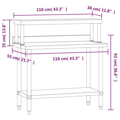 vidaXL Kitchen Work Table with Overshelf 110x55x120 cm Stainless Steel