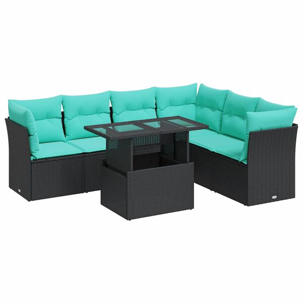 vidaXL 7 Piece Garden Sofa Set with Cushions Black Poly Rattan Acacia
