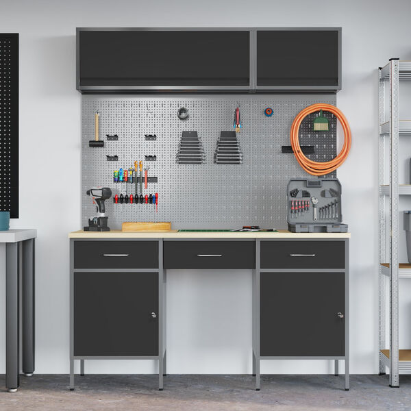 vidaXL Work Bench with Drawer 8 pcs Black 150 x 55 x 200 cm Steel