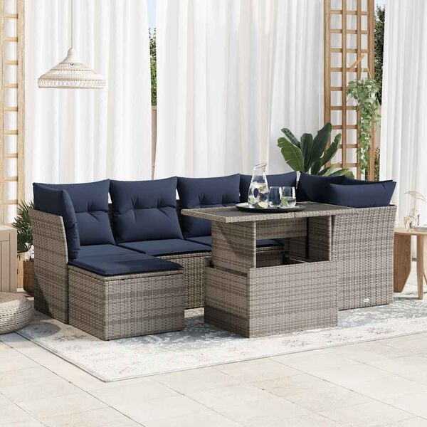 vidaXL 7 Piece Garden Sofa Set with Cushions Grey Poly Rattan Acacia