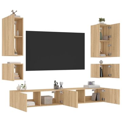 vidaXL 6 Piece TV Wall Cabinets with LED Lights Sonoma Oak