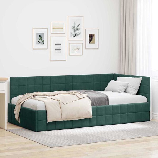 vidaXL Corner Bed Frame with Headboard Dark green 90 x 190 cm Velvet