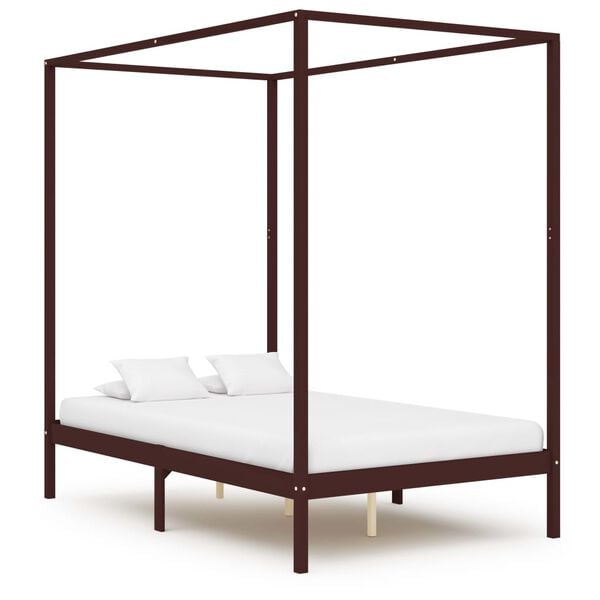 vidaXL Canopy Bed Frame without Mattress Dark Brown Pine Wood 140x200 cm (283271+321988)