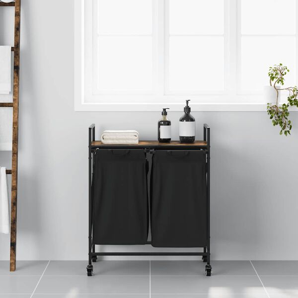 vidaXL Laundry Basket 2 Compartments with Wheels Smoked Oak
