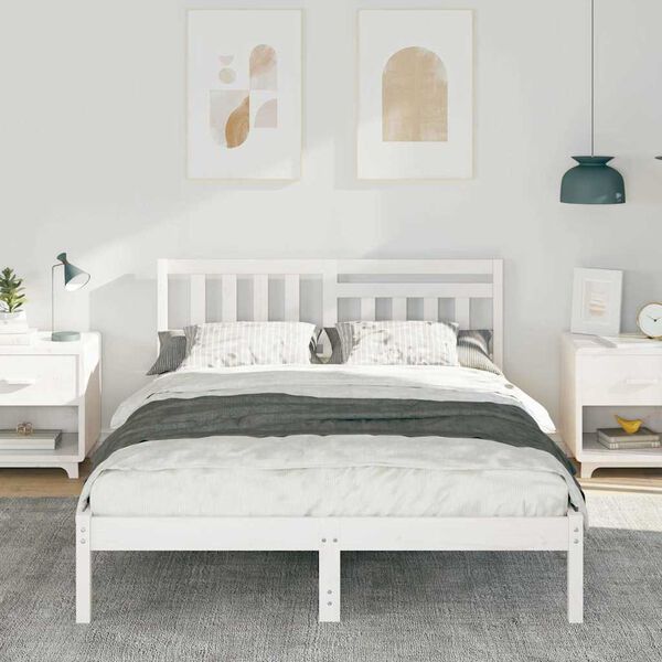 vidaXL Bed Frame with Headboard White 135 x 190 cm Solid Pine Wood