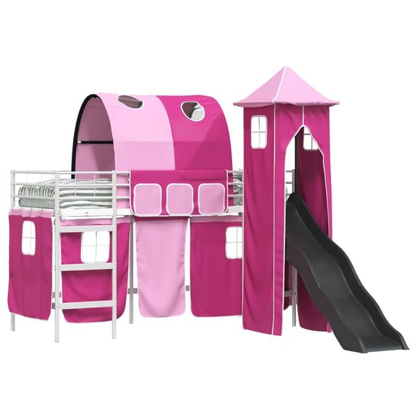 vidaXL Kids'Loft Bed Frame with Curtains, Arch, Slide, Tower