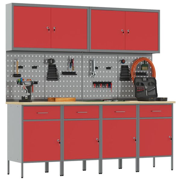 vidaXL Work Cabinet with Drawer 10 pcs Red Engineered Wood and Steel