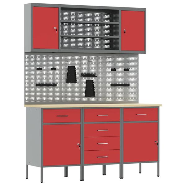 vidaXL Work Cabinet with Drawer 7 pcs Red Engineered Wood and Steel