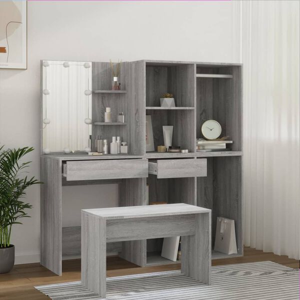 vidaXL Dressing Table Set with LED Grey Sonoma Engineered Wood