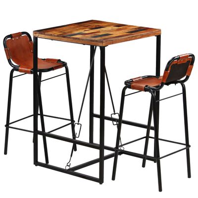 vidaXL Bar Set 3 Pieces Solid Reclaimed Wood and Genuine Goat Leather