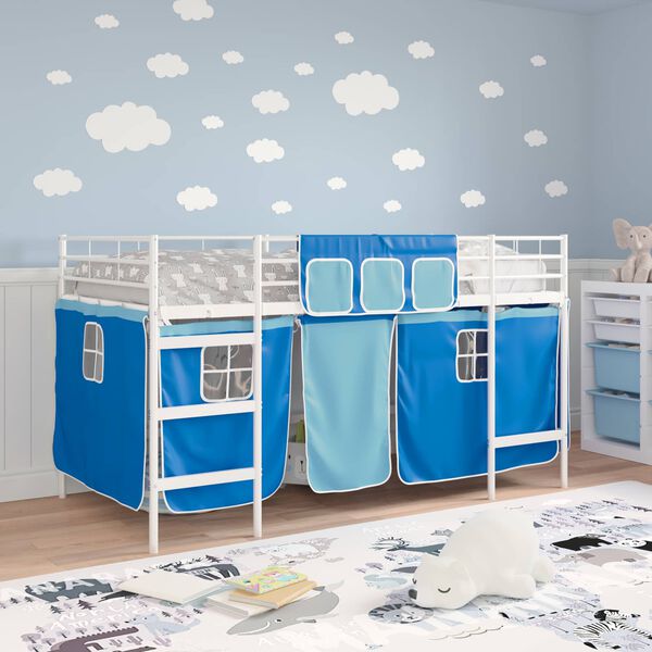 vidaXL Kids'Loft Bed Frame with Curtains White and Blue 100 x 201 cm