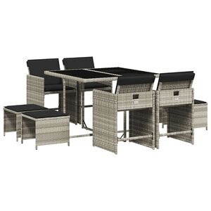 vidaXL 9 Piece Garden Dining Set with Cushions Light Grey Poly Rattan