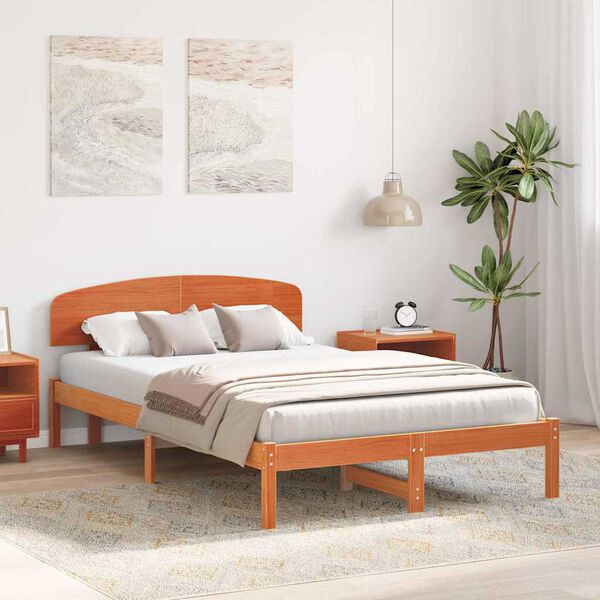 vidaXL Bed Frame with Headboard Wax Brown 135 x 190 cm Solid Pine Wood