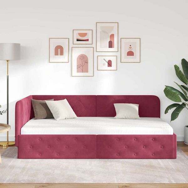 vidaXL Corner Bed Frame with Headboard Wine Red 90 x 200 cm Velvet
