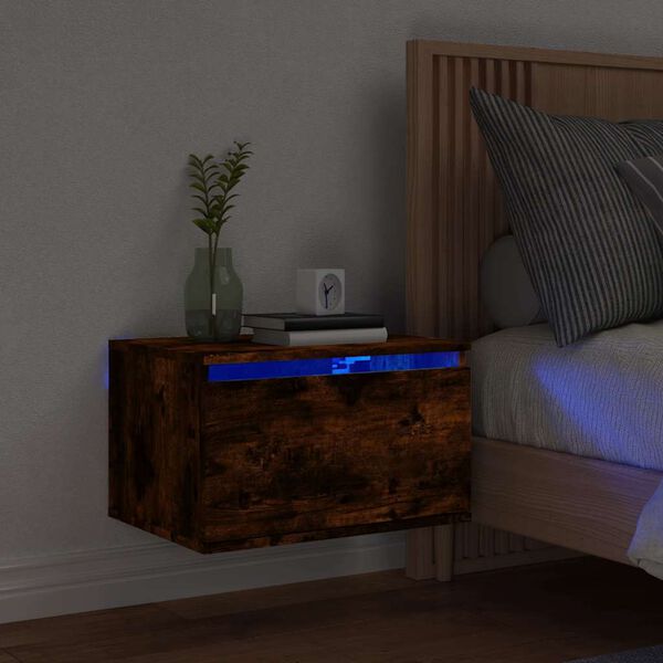 vidaXL Wall-mounted Bedside Cabinet with LED Lights Smoked Oak