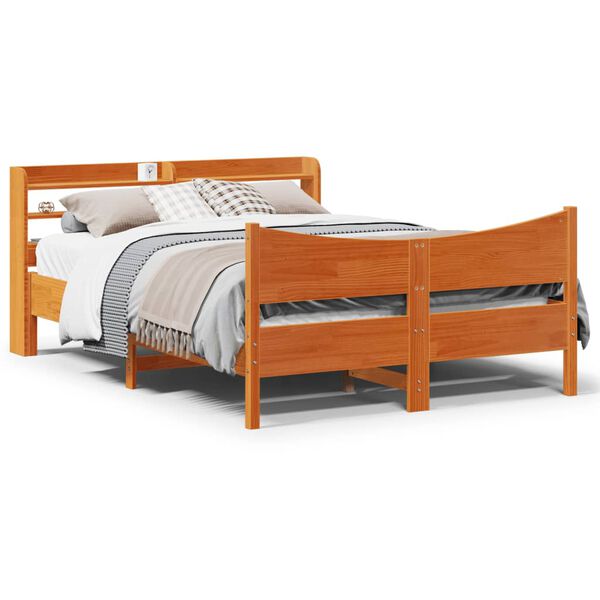 vidaXL Bed Frame with Headboard Wax Brown 135x190 cm Double Solid Wood Pine