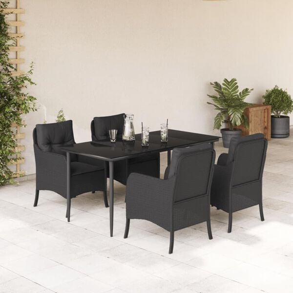 vidaXL 5 Piece Garden Dining Set with Cushions Black Poly Rattan