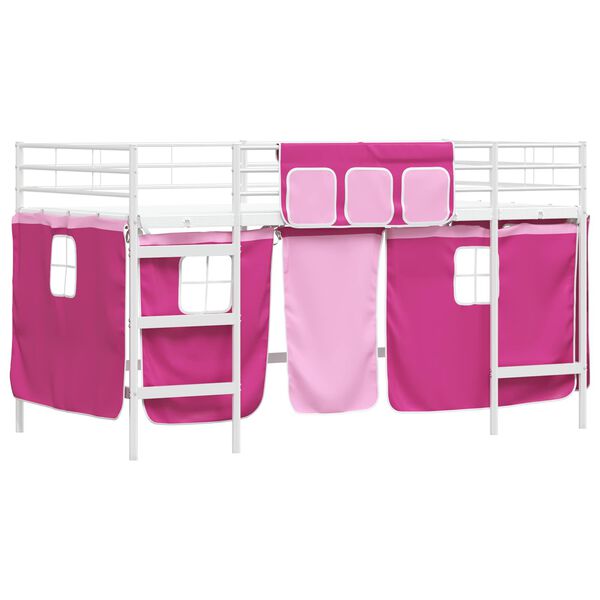 vidaXL Kids'Loft Bed Frame with Curtains White and Pink 90 x 201 cm