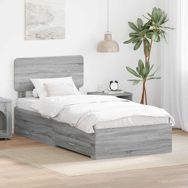 vidaXL Bed Frame with Drawer Grey Sonoma 90 x 190 cm Engineered Wood