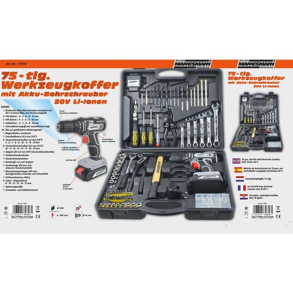 Br&uuml;der Mannesmann 75 Piece Tool Kit with Cordless Drill 20 V. 1.3 Ah