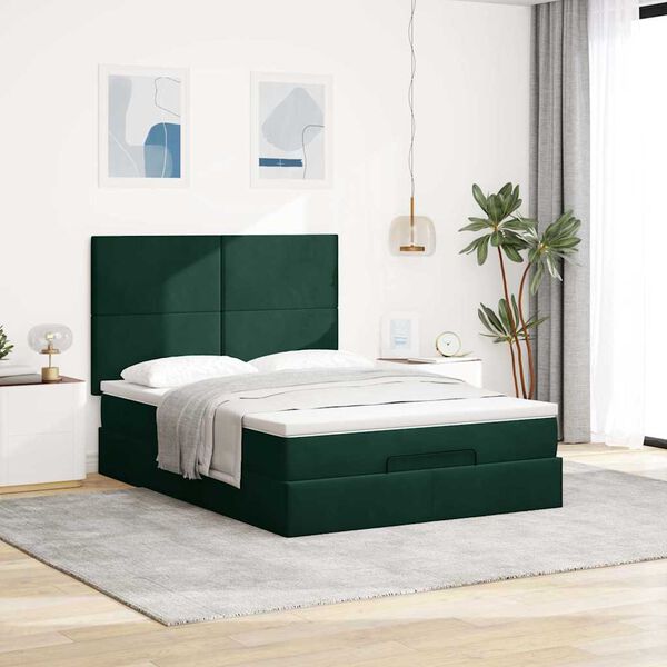 vidaXL Ottoman Bed with Mattresses Dark Green 140x200cm Velvet
