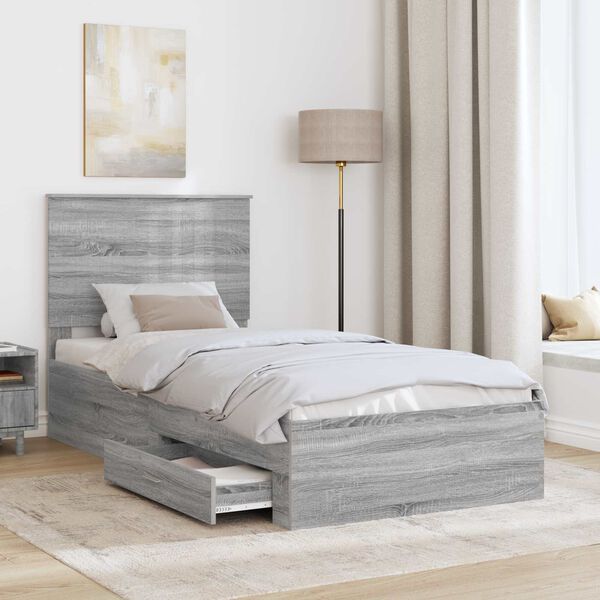 vidaXL Bed Frame with Drawer Grey Sonoma 90 x 200 cm Engineered Wood