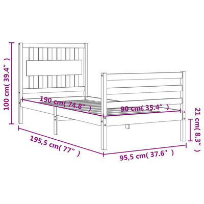 vidaXL Bed Frame with Headboard Grey Single Solid Wood
