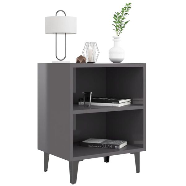 vidaXL Bed Cabinet with Metal Legs High Gloss Grey 40x30x50 cm