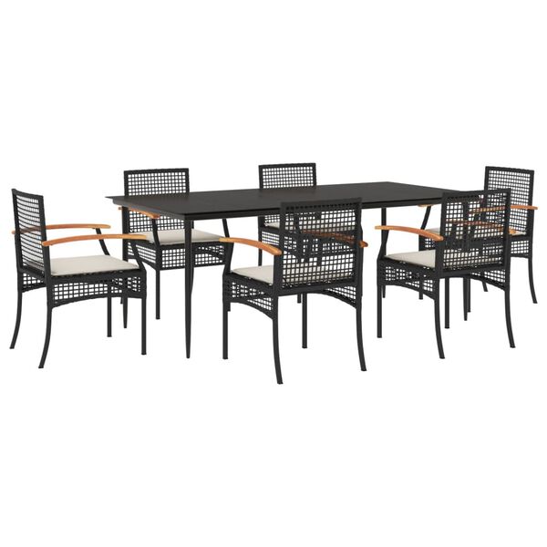 vidaXL 7 Piece Garden Dining Set with Cushions Black Poly Rattan
